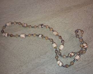 Beige Cylindrical and Round Stone Bead Necklace
