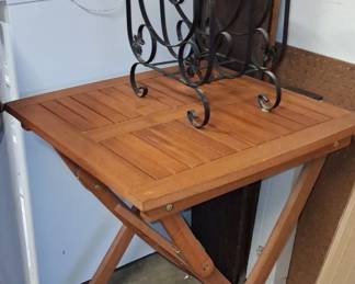Folding Wood Patio Side Table and Wrought Iron Magazine Rack