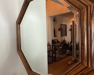 Vintage Octagonal Wood-Framed Wall Mirror with Stepped Profile