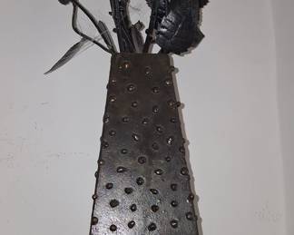 Hand-Welded Metal Rose Bouquet in Textured Steel Vase