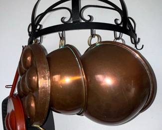 Vintage Copper Cookware Set with Escargot Pan and Hanging Rack