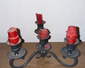 Vintage Black Cast Iron 3-Arm Candelabra with Scrollwork