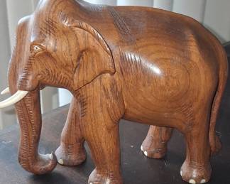 Vintage Hand-Carved Teak Wood Elephant Figurine with Bone Tusks