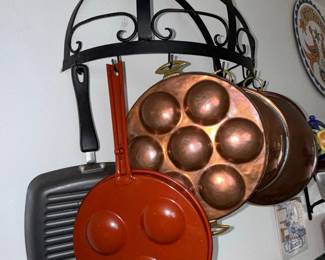 Vintage Copper Cookware Set with Escargot Pan and Hanging Rack