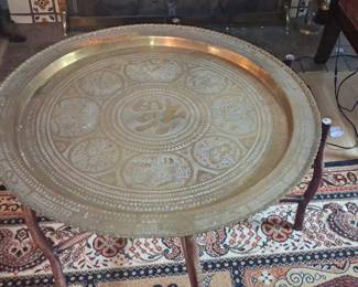 Vintage Chinese Etched Brass Tray Table with 'Fu' Symbol