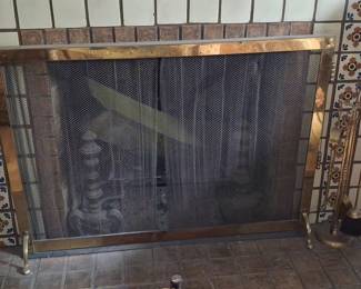 Vintage Brass Fireplace Screen and Tool Set