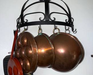 Vintage Copper Cookware Set with Escargot Pan and Hanging Rack
