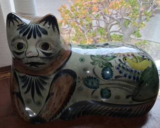 Vintage Mexican Tonala Pottery Cat Figurine with Bird and Floral Motifs