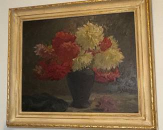 Vintage Floral Still Life Oil Painting - Dahlias