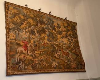 Vintage French Jacquard Hunting Scene Wall Tapestry