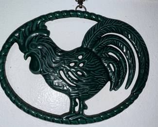 Vintage Green Cast Iron Rooster Trivet Wall Plaque