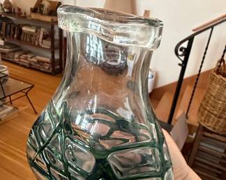 Mid-Century Modern Green Glass Lattice Overlay Vase