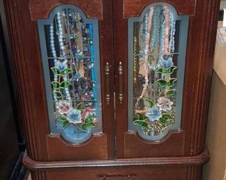 Vintage Wooden Jewelry Armoire with Floral Glass Doors
