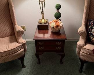 Wingback chairs, side table