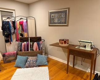 Colorful scarves, pillows, Singer Machine & cabinet