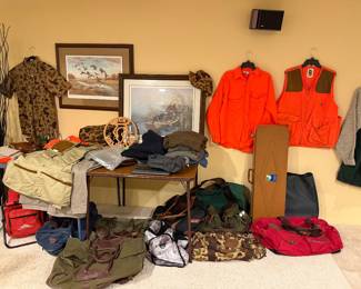 Hunting gear, Bob Allen jackets, vests, Ducks Unlimited lithographs; hunting gear