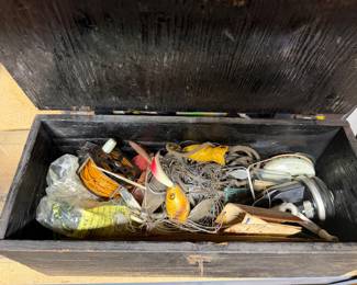 vintage fishing tackle & wooden box