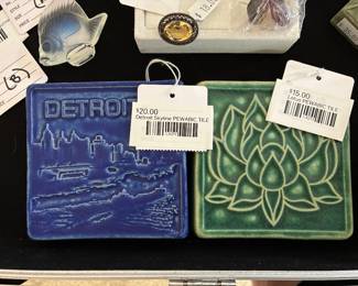 Detroit Skyline Pewabic Tile, Lotus Pewabic Tile
