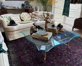 Hollywood Regency Style Glass Table, Vtg Sofa 