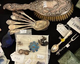 Sterling Cufflinks, Pewabic Tiles, Sterling Spoons 
