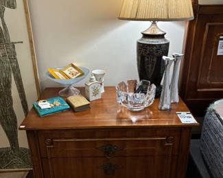 John Widdicomb Side Table, Candlestick Holders , Decorative Lamp 