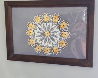 Framed Crochet Doily with Floral Design