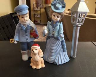 Porcelain Figurines with Lamp Post in Blue Attire