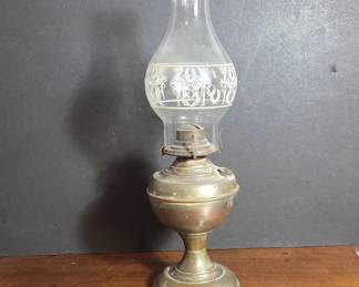 Brass Oil Lamp With Etched Glass Shade