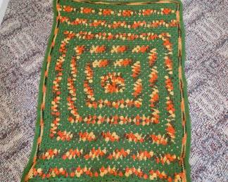 Crocheted Afghan with Green and Orange Pattern