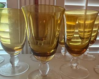 Vintage Amber Glass Goblets with Clear Bubble Stems