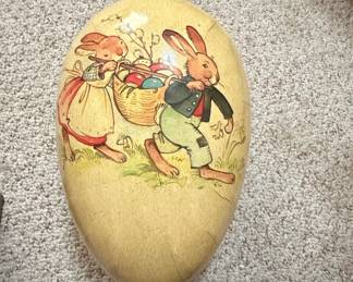 Vintage German Paper Mache Easter Egg Candy Container with Rabbits