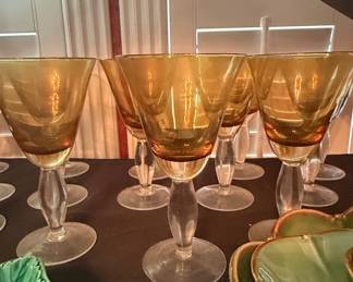 Vintage Amber Glass Wine Goblets with Clear Stems - Artland Iris Amber