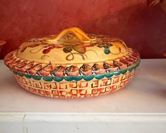 Vintage Hand-Painted Italian Majolica Covered Casserole Dish with Fruit Motif