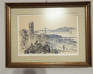 San Francisco Skyline with Coit Tower and Golden Gate Bridge Drawing