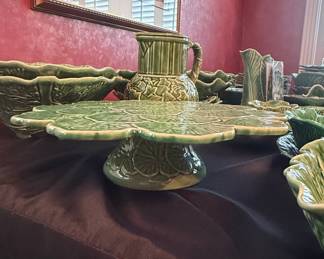 Vintage Bordallo Pinheiro Green Geranium Leaf Pedestal Cake Stand