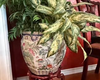 Vintage Chinese Famille Rose Porcelain Fishbowl Planter with Stand