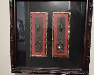 Framed Antique Brass Door Escutcheon Wall Art with Ornate Keyhole Plates