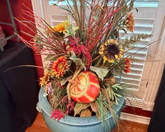 Large Teal Crackle Glaze Ceramic Planter with Fall Floral Arrangement