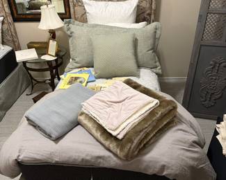 Pair of Twin Upholstered Beds with Toile Headboards and Skirted Box Springs