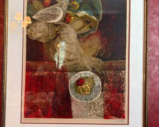 Alvar Sunol "The Guitarist and the Pigeons" Lithograph