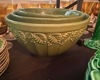 Green Leaf-Embossed Ceramic Nesting Mixing Bowl Set by Hosley Potteries