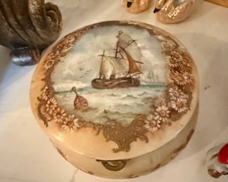 Vintage Porcelain Hinged Trinket Box with Nautical Ship Scene and Floral Border