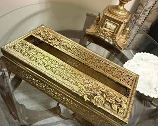 Ornate Hollywood Regency Style Gold Filigree Tissue Box Cover