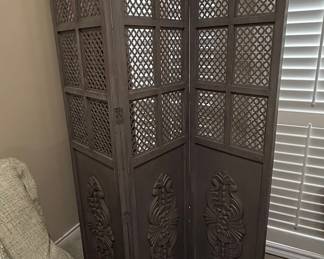 3-Panel Carved Wood Room Divider Screen with Lattice and Floral Motifs