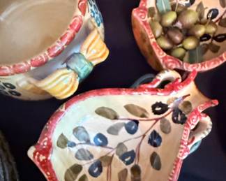 Italica Ars Hand-Painted Ceramic Olive Motif Serving Bowls