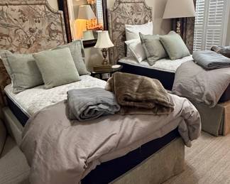 Pair of Twin Upholstered Beds with Toile Headboards and Skirted Box Springs