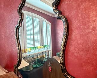 Vintage Chinoiserie Black and Gold Carved Wall Mirror
