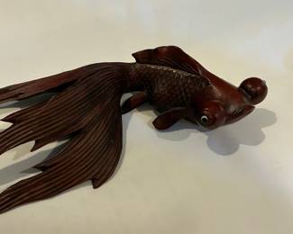 Vintage Hand-Carved Rosewood Bubble Eye Goldfish Figurine