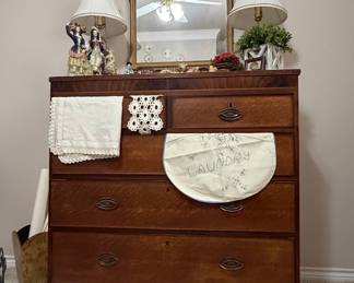 Antique Tiger Oak Serpentine Chest of Drawers with Mirror
