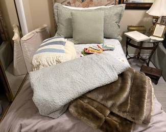 Pair of Twin Upholstered Beds with Toile Headboards and Skirted Box Springs